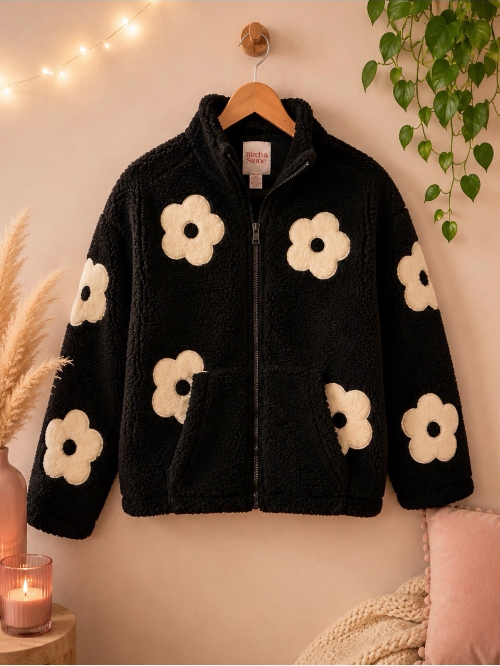 Birch & Stone Black Sherpa Zip-Up Jacket with Cream Floral Appliqués